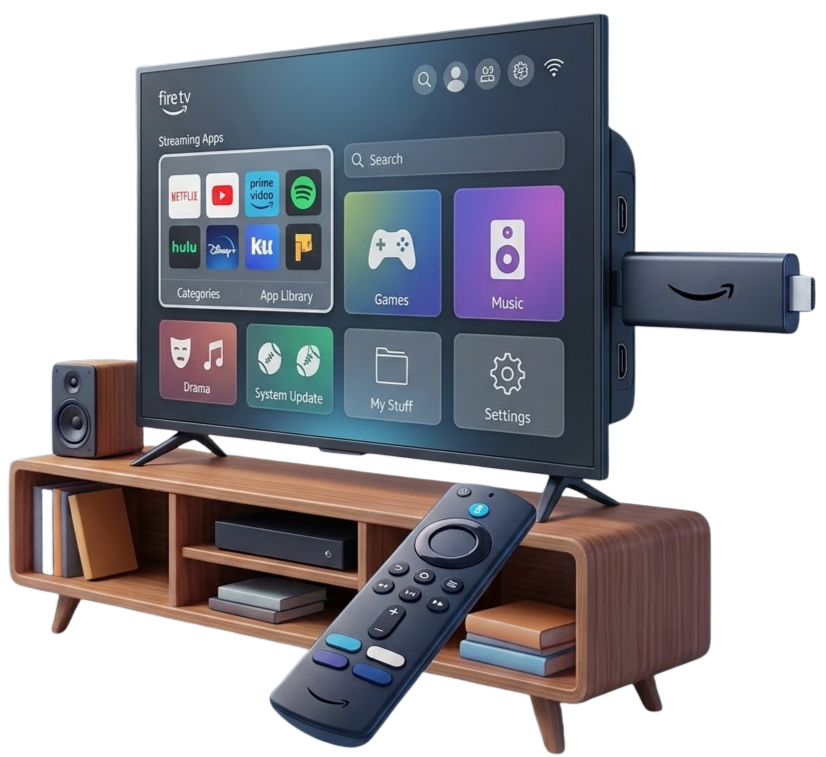 bluefireiptv iptv provider streaming setup on an Amazon Firestick, showing the Fire TV app grid and remote in 4K