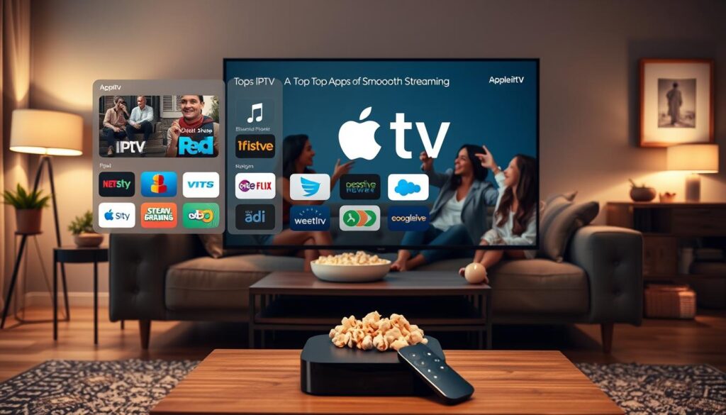 A modern living room scene showcasing a sleek Apple TV prominently displaying various top IPTV apps for smooth streaming. In the foreground, a stylish coffee table is adorned with a remote control and a bowl of popcorn, symbolizing a cozy movie night. The middle layer features a contemporary sofa where a diverse group of four friends, casually dressed in polished yet relaxed outfits, engage in animated discussion while pointing at the screen. The background displays a warm, inviting room illuminated by soft, ambient lighting, with decorative plants and artwork that evoke comfort. Ensure the atmosphere is friendly and inviting, emphasizing enjoyment and connection. Incorporate the logo of "bluefireiptv.com" subtly on the TV screen, enhancing the focus on IPTV streaming. A modern living room scene showcasing a sleek Apple TV prominently displaying various top IPTV apps for smooth streaming. In the foreground, a stylish coffee table is adorned with a remote control and a bowl of popcorn, symbolizing a cozy movie night. The middle layer features a contemporary sofa where a diverse group of four friends, casually dressed in polished yet relaxed outfits, engage in animated discussion while pointing at the screen. The background displays a warm, inviting room illuminated by soft, ambient lighting, with decorative plants and artwork that evoke comfort. Ensure the atmosphere is friendly and inviting, emphasizing enjoyment and connection. Incorporate the logo of "bluefireiptv.com" subtly on the TV screen, enhancing the focus on IPTV streaming.