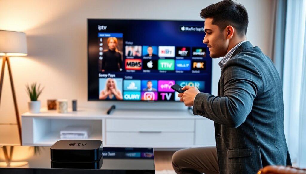 A modern living room with an Apple TV prominently displayed on a sleek entertainment center. In the foreground, a user, dressed in a smart casual outfit, attentively interacts with the Apple TV remote, navigating through the IPTV interface of bluefireiptv.com. The middle layer showcases the Apple TV screen with vibrant streaming options, clearly indicating IPTV setup. The background features a cozy atmosphere with soft lighting, warm colors, and minimalistic decor, promoting a feeling of comfort and relaxation. The scene is captured from a slightly elevated angle, providing a clear view of the TV and the user’s focused expression, emphasizing the ease of setting up an IPTV player on Apple TV. A modern living room with an Apple TV prominently displayed on a sleek entertainment center. In the foreground, a user, dressed in a smart casual outfit, attentively interacts with the Apple TV remote, navigating through the IPTV interface of bluefireiptv.com. The middle layer showcases the Apple TV screen with vibrant streaming options, clearly indicating IPTV setup. The background features a cozy atmosphere with soft lighting, warm colors, and minimalistic decor, promoting a feeling of comfort and relaxation. The scene is captured from a slightly elevated angle, providing a clear view of the TV and the user’s focused expression, emphasizing the ease of setting up an IPTV player on Apple TV.