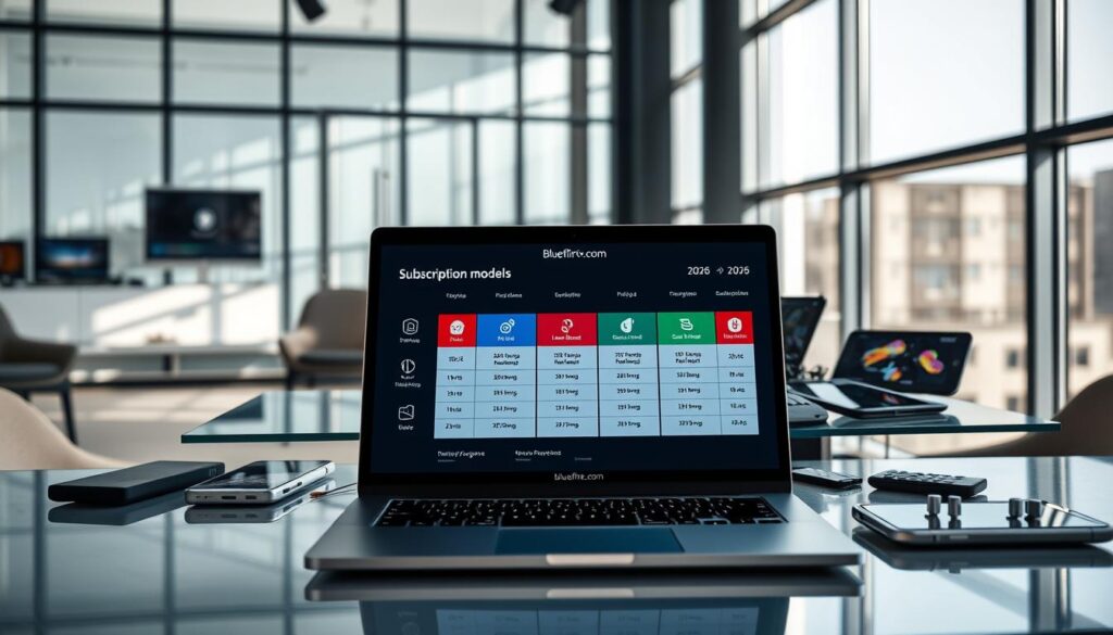 A modern workspace showcasing subscription models and pricing for IPTV apps. In the foreground, a sleek modern laptop displaying a colorful infographic with various pricing tiers and subscription options. In the middle, a transparent glass table cluttered with digital devices like a tablet and smartphone, all showing IPTV interfaces. In the background, a contemporary office with large windows allowing natural light to flood the room, casting soft shadows. The mood is professional and innovative, reflecting a bright future in technology. Subtle elements indicating the year 2026, such as futuristic designs or icons, are included. The brand "bluefireiptv.com" is represented through a stylish logo on the laptop screen. The focus is on clear, engaging information without any text overlays or distractions. A modern workspace showcasing subscription models and pricing for IPTV apps. In the foreground, a sleek modern laptop displaying a colorful infographic with various pricing tiers and subscription options. In the middle, a transparent glass table cluttered with digital devices like a tablet and smartphone, all showing IPTV interfaces. In the background, a contemporary office with large windows allowing natural light to flood the room, casting soft shadows. The mood is professional and innovative, reflecting a bright future in technology. Subtle elements indicating the year 2026, such as futuristic designs or icons, are included. The brand "bluefireiptv.com" is represented through a stylish logo on the laptop screen. The focus is on clear, engaging information without any text overlays or distractions.