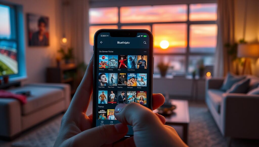 A sleek and modern iPhone displaying the interface of the bluefireiptv.com app, showcasing vibrant and diverse streaming content. In the foreground, the iPhone screen highlights a user-friendly layout with vibrant thumbnails of sports, movies, and TV shows. In the middle ground, a stylish hand reaches out to interact with the app, emphasizing seamless usability. The background features a cozy living room setting, softly lit with warm, inviting lighting that creates a relaxed atmosphere. A large window reveals a beautiful sunset, adding a touch of tranquility. The overall mood conveys a sense of enjoyment and convenience in streaming, highlighting what defines the best IPTV iPhone app in 2026 and beyond.