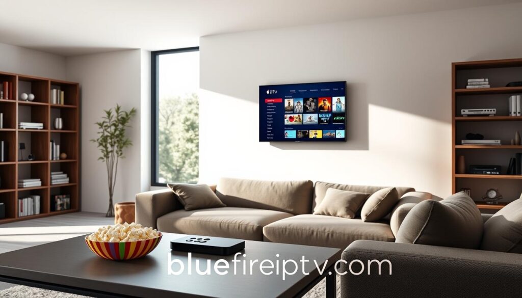A sleek and modern living room setting featuring an Apple TV mounted on a wall, showing a vibrant IPTV app interface on the screen. The foreground includes a stylish, contemporary coffee table with a remote control and a colorful popcorn bowl, inviting viewers into a relaxed viewing experience. In the middle ground, a comfortable couch with plush cushions offers a cozy place to sit, while a small bookshelf filled with movies and tech gadgets adds personality. The background features a large window allowing natural light to flood the room, creating a warm and inviting atmosphere. The scene is well-lit to emphasize the cutting-edge technology of the IPTV apps, highlighting key features like a user-friendly interface, live TV options, and customizable playlists. The brand "bluefireiptv.com" is subtly woven into the scene, enhancing the focus without being overpowering. A sleek and modern living room setting featuring an Apple TV mounted on a wall, showing a vibrant IPTV app interface on the screen. The foreground includes a stylish, contemporary coffee table with a remote control and a colorful popcorn bowl, inviting viewers into a relaxed viewing experience. In the middle ground, a comfortable couch with plush cushions offers a cozy place to sit, while a small bookshelf filled with movies and tech gadgets adds personality. The background features a large window allowing natural light to flood the room, creating a warm and inviting atmosphere. The scene is well-lit to emphasize the cutting-edge technology of the IPTV apps, highlighting key features like a user-friendly interface, live TV options, and customizable playlists. The brand "bluefireiptv.com" is subtly woven into the scene, enhancing the focus without being overpowering.