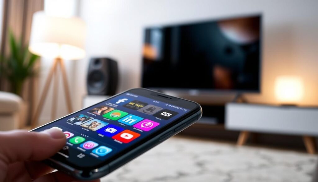A sleek, modern iPhone displaying the interface of the bluefireiptv.com app, prominently featuring vibrant icons representing streaming categories like movies, sports, and news. The foreground showcases a close-up of the phone with a vivid, user-friendly design, while the middle ground displays a blurred living room setting, hinting at a cozy streaming environment. Soft ambient lighting emanates from a stylish lamp, creating a warm and inviting atmosphere. In the background, a minimalist entertainment center holds a smart TV, emphasizing the connection between the app and seamless streaming. The image is captured from an eye-level angle, focusing on the iPhone’s screen, evoking a sense of excitement and modernity in the world of digital entertainment.