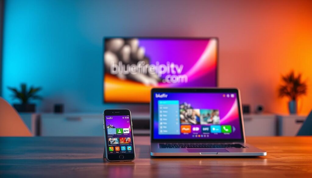 A sleek, modern workspace featuring multiple devices illustrating cross-platform compatibility for IPTV users. In the foreground, a smartphone displaying a vibrant IPTV app interface sits prominently, while a laptop with a streaming window is open beside it. A tablet shows the same app, emphasizing seamless transitions between devices. The middle ground includes a blurred outline of a TV screen mirroring content from the laptop, symbolizing integration. The background features soft lighting with a gradient from cool blue to warm orange, creating a dynamic, tech-savvy atmosphere. The setting appears professional, with stylish office furniture and a subtle hint of branding from "bluefireiptv.com" in the devices' interface. The mood is innovative and user-friendly, inviting viewers into the world of seamless streaming.