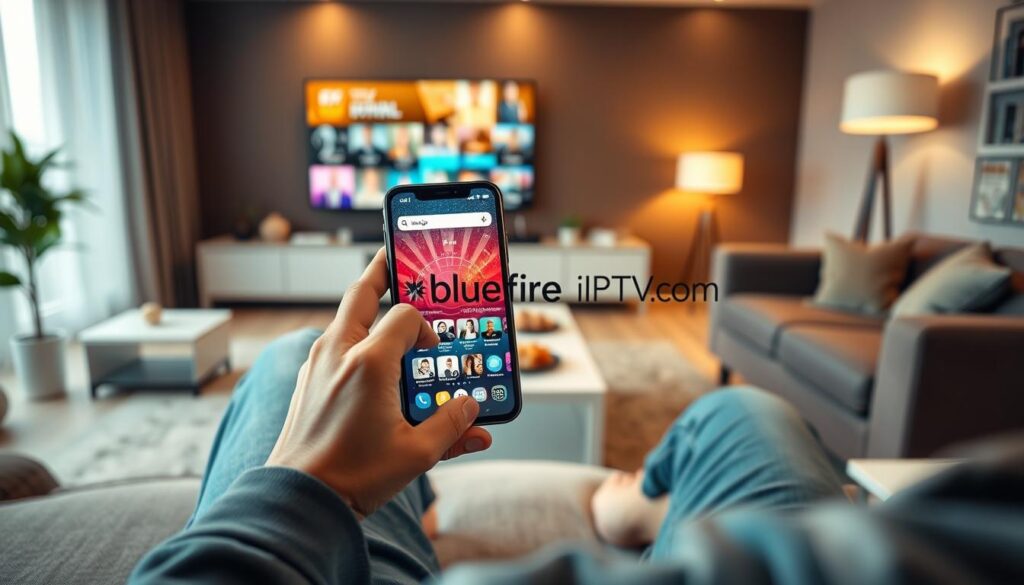 A user sitting comfortably on a modern couch, holding an iPhone showcasing an IPTV app interface, basking in the glow of the device's screen. The foreground captures vibrant details of the phone, with fingers gently swiping through streaming content. In the middle ground, a stylish living room setting with soft, ambient lighting creates a cozy atmosphere. A large TV in the background displays colorful IPTV content, while a pristine coffee table holds snacks and drinks. The mood is relaxed and inviting, emphasizing seamless streaming enjoyment. Lens focus highlights the phone, while soft bokeh blurs the surroundings slightly, giving depth. The branding "bluefireiptv.com" subtly integrated in the app interface, ensuring a professional look without distractions.