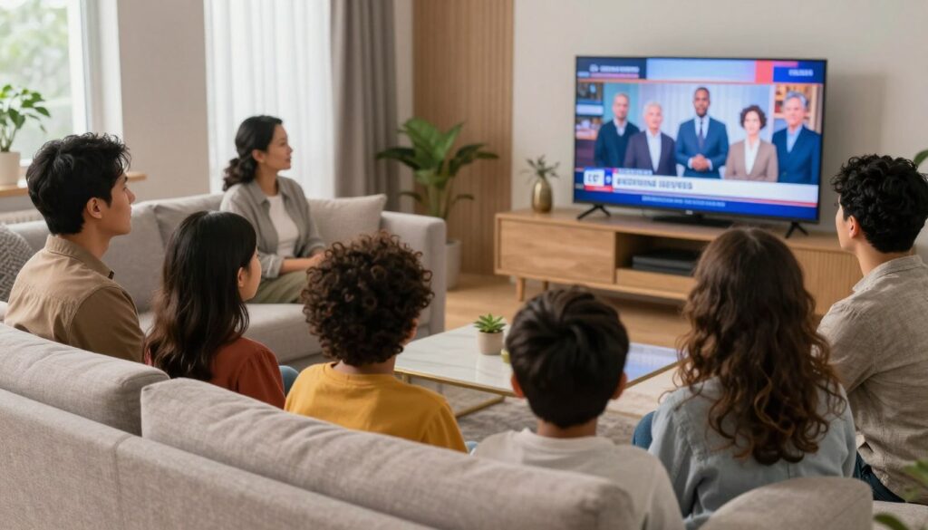 Diverse family watching international channels on IPTV