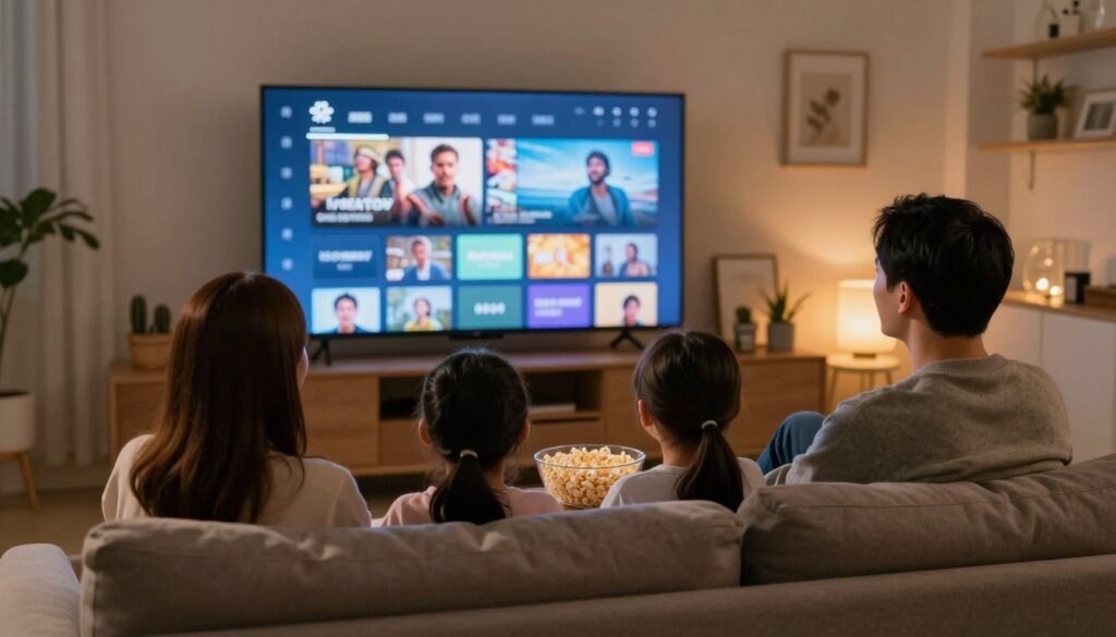 Family enjoying movie night with IPTV entertainment service
