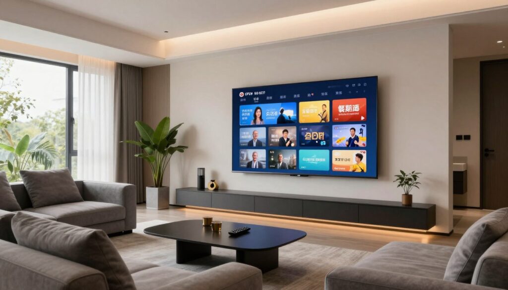 Modern living room setup with IPTV streaming on large television display