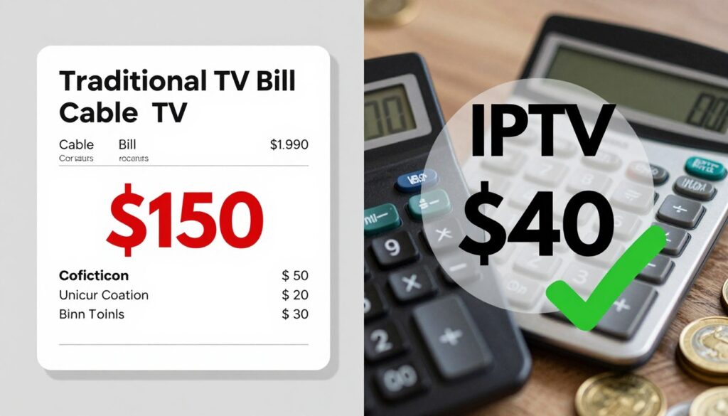 Split screen comparison showing cable TV bill versus IPTV subscription cost savings
