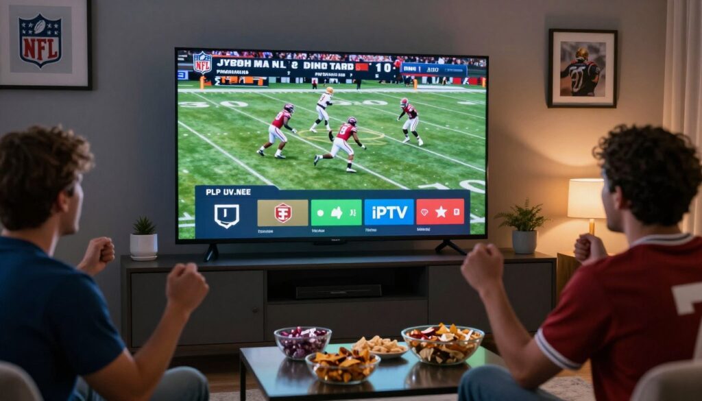 Sports fan watching live football game on IPTV with multiple camera angles