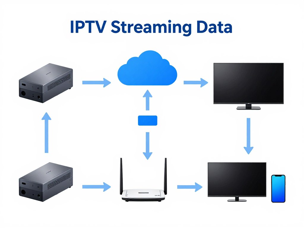 Technical diagram showing IPTV data flow from servers to home devices