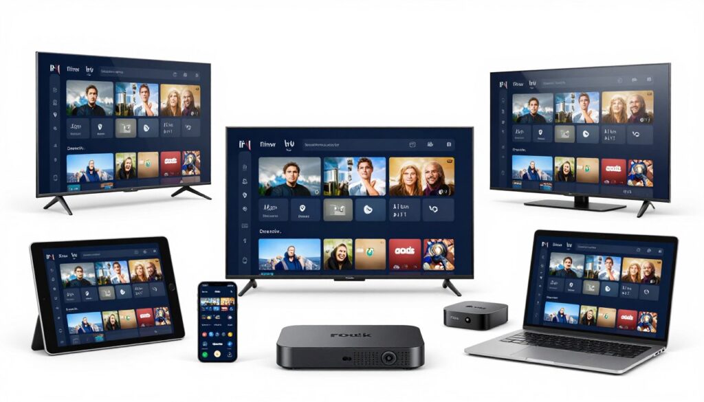 Various devices showing IPTV compatibility - TV, tablet, phone, laptop