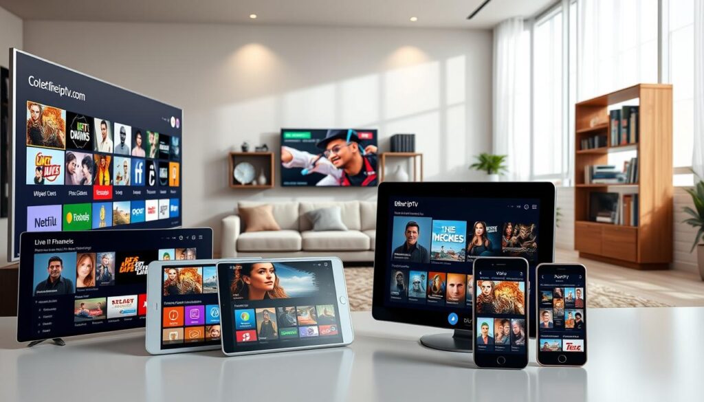 A beautifully organized and visually appealing content library for Cola IPTV, featuring a vibrant array of live channels and Video On Demand (VOD) options. In the foreground, sleek digital devices like smart TVs, tablets, and smartphones are displayed, showcasing an interface filled with colorful channel icons and movie thumbnails, all branded with "bluefireiptv.com." In the middle ground, a cozy living room setting includes a modern couch and an elegant shelf filled with books and streaming paraphernalia, emphasizing a welcoming atmosphere. The background features a large window with soft, natural daylight streaming in, creating a warm, inviting mood. The image is well-lit, maintaining a professional and polished look, suitable for illustrating a comprehensive content library.