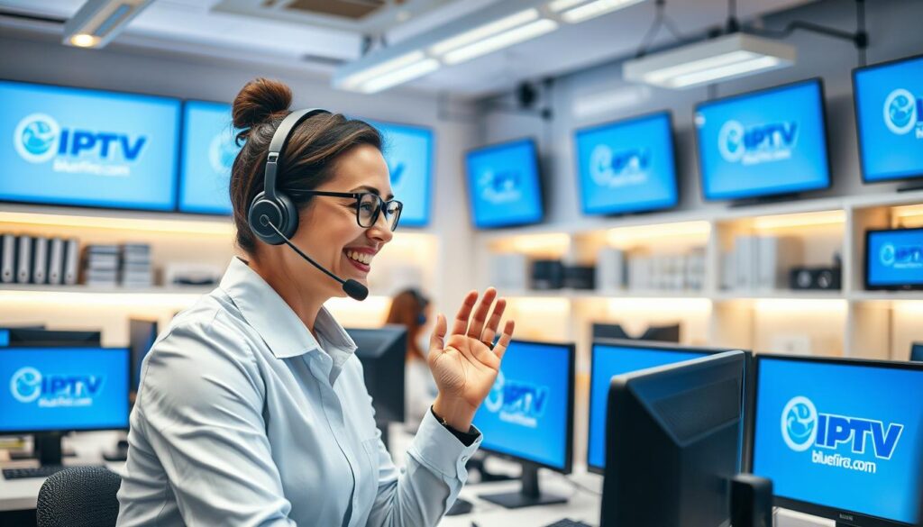A busy customer support center with a friendly atmosphere dedicated to BC IPTV, featuring a helpful support agent wearing a professional business attire, warmly assisting a customer over the phone. In the foreground, the agent smiles and gestures, conveying attentiveness, while using a high-tech headset. The middle ground showcases a modern workspace with multiple screens displaying the bluefireiptv.com logo, showcasing user-friendly interfaces. The background includes soft, ambient lighting to create a welcoming environment, with shelves neatly organized with support materials and company branding. The image captures a sense of reliability and professionalism, emphasizing the dedication to customer support in streaming services, while keeping the focus on the supportive interaction between the agent and customer.