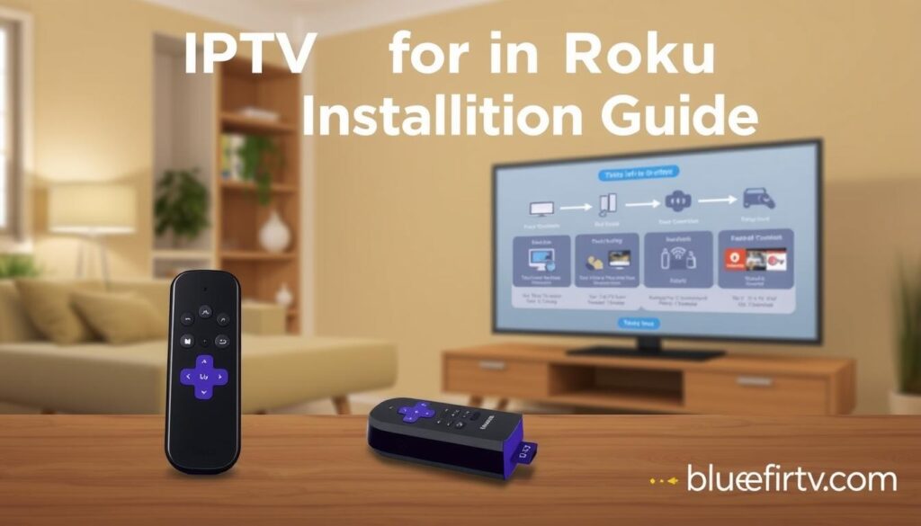 A clean and informative digital illustration depicting the "IPTV for Roku Installation Guide". In the foreground, a sleek Roku device and a modern television, both showcased prominently to emphasize the installation process. In the middle ground, a detailed step-by-step visual representation of the installation process, including elements like a remote control, network connection icons, and the bluefireiptv.com logo subtly integrated. The background should feature a cozy living room setting with warm lighting to create an inviting and engaging atmosphere. The lens should give a slight depth of field to focus on the Roku device while keeping the surrounding elements slightly blurred. Overall, the mood should be friendly and instructional, promoting ease of use and accessibility for viewers.
