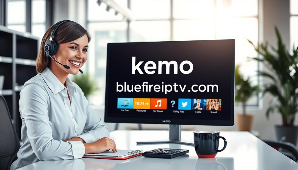 A clean and professional customer support overview for Kemo IPTV, featuring a friendly customer service representative in a modern office setting. In the foreground, the representative, dressed in professional attire, wears a headset and smiles while engaged in a conversation. The middle ground includes a sleek desk with a computer displaying the Kemo IPTV interface, alongside a notepad and a coffee cup. The background showcases a vibrant office space with soft natural lighting filtering in through large windows, creating an inviting atmosphere. The overall mood is supportive and informative, reflecting efficiency and trust. The brand name "bluefireiptv.com" subtly embedded in the monitor screen enhances the connection to the service.