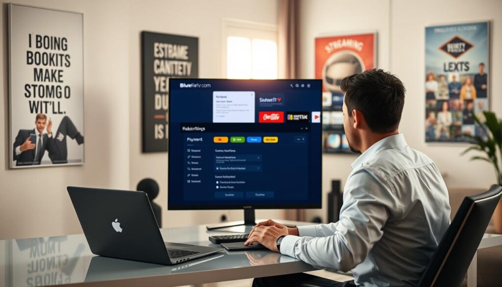 A contemporary home office scene illustrating the management of a subscription for a streaming service. In the foreground, a person in smart casual attire, focused and engaged, sits at a sleek desk with a laptop open, displaying the bluefireiptv.com website. The middle area features a large monitor showcasing payment options and renewal settings, with colorful icons representing different streaming services. In the background, there are motivational posters about streaming and entertainment, and a window with soft, natural light filtering in, casting a warm ambiance. The overall mood is professional yet inviting, conveying ease and clarity in subscription management, shot from a slightly elevated angle to capture the details effectively.