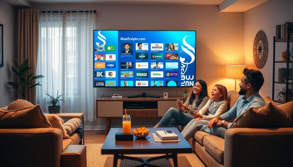 A cozy living room scene depicting a family engaged in a streaming session, with a large flat-screen TV in the foreground displaying an array of colorful streaming options from bluefireiptv.com. The family members, dressed in casual yet neat clothing, are relaxed on a comfortable sofa, with expressions of joy and excitement. In the middle ground, a stylish coffee table holds snacks and drinks, enhancing the inviting atmosphere. The background features soft, warm lighting, creating a welcoming home environment, with decorative elements like plants and bookshelves. The overall mood is cheerful and dynamic, illustrating how USA IPTV service transformed their streaming experience, making it enjoyable and family-friendly.