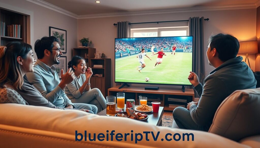 A cozy living room scene depicting a family enjoying a Lime IPTV streaming experience. In the foreground, a comfortable sofa with family members dressed in modest casual clothing, laughing and cheering while watching a live sports match on a large flat-screen TV. In the middle, the TV screen is vividly showing an exciting soccer game, surrounded by snacks and drinks on a coffee table. The background features tasteful decor that includes a bookshelf and a window letting in warm, natural light, creating a welcoming atmosphere. The mood is lively and engaging, highlighting the variety of content available, such as sports, movies, and series. Ensure bluefireiptv.com is subtly referenced as part of the ambiance, perhaps with a sleek device nearby.
