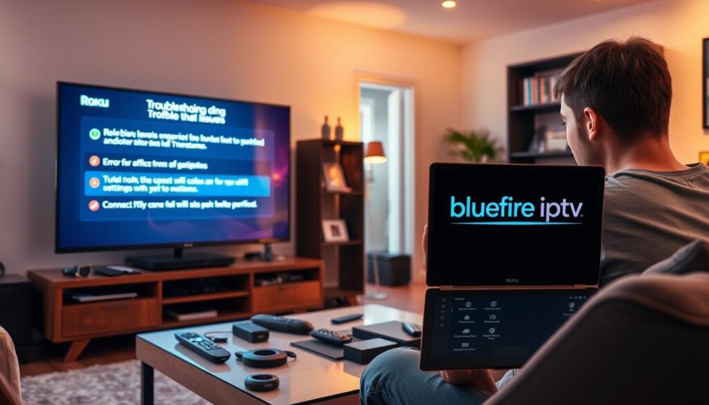 A cozy living room scene featuring a large flat-screen Roku TV displaying a troubleshooting screen for IPTV issues, depicting common symbols like error messages and connection icons. In the foreground, a person in casual attire, looking intently at a smartphone, surrounded by remote controls and digital devices. The middle ground includes a modern coffee table cluttered with tech gadgets and a laptop open with IPTV settings on the screen. Ambient warm lighting is softly illuminating the room, enhancing a calm yet focused atmosphere. The background shows a stylish bookshelf filled with entertainment-related items. Prominently featured is the logo of "bluefireiptv.com" subtly placed on the laptop screen, ensuring it fits seamlessly into the tech-savvy environment.