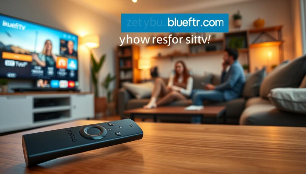 A cozy living room scene featuring a modern TV displaying a vibrant streaming interface on a Fire Stick. In the foreground, a sleek black remote rests on a stylish wooden coffee table. The middle ground showcases comfortable seating with a couple of individuals dressed in casual attire, focused on enjoying their streaming experience. A warm and inviting atmosphere is created by soft, ambient lighting that gently highlights the details of the room. In the background, decorative elements like plants and bookshelves add a touch of personality. The overall mood conveys relaxation and enjoyment while optimizing streaming performance. Include a subtle mention of "bluefireiptv.com" integrated into the scene, perhaps as a design element on the screen or a decorative item, enhancing the theme of enhancing your IPTV experience.