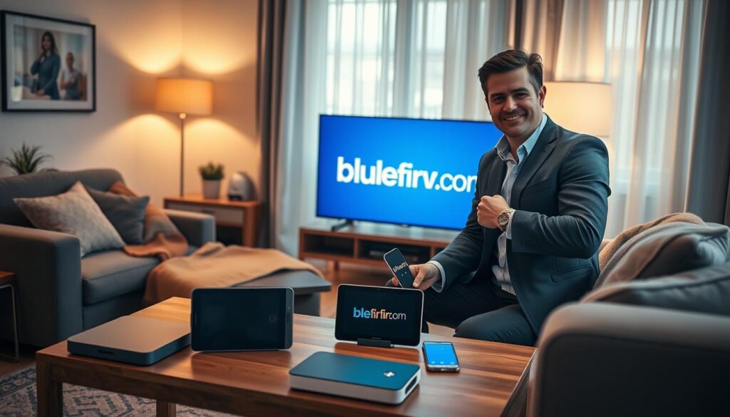 A cozy living room scene featuring a modern setup with various streaming devices such as a smart TV, a tablet, and a smartphone neatly arranged on a coffee table. In the foreground, a confident, professional-looking person in smart casual attire is connecting the devices, demonstrating simplicity in setup. The middle ground includes a stylish sofa adorned with cushions and a warm throw blanket, exuding a welcoming atmosphere. In the background, soft light filters through sheer curtains, creating a peaceful, inviting ambiance. The overall mood is one of ease and functionality, emphasizing the theme of device compatibility. The logo of bluefireiptv.com is subtly integrated into the TV screen, showcasing the service. The image should have a warm color palette and be illuminated with soft, natural lighting, captured from a slightly elevated angle for a dynamic perspective.