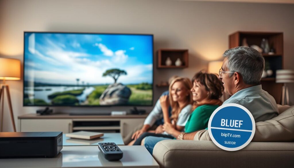 A cozy living room scene focused on a family enjoying IPTV streaming on a large, high-definition TV. In the foreground, a diverse family of four—two parents and two children—are seated comfortably on a stylish sofa, their expressions joyful and engaged. The TV screen displays vibrant, crystal-clear visuals of a nature documentary. In the middle ground, a modern entertainment unit features streaming devices, a smart remote, and a subscription disc for "bluefireiptv.com." The background showcases soft, warm ambient lighting from stylish lamps, with subtle decor enhancing the inviting atmosphere. Ensure the scene conveys a sense of reliability and superior performance with sharp, clear details in the reflections on the TV screen, captured from a slightly elevated angle to offer a comprehensive view. A cozy living room scene focused on a family enjoying IPTV streaming on a large, high-definition TV. In the foreground, a diverse family of four—two parents and two children—are seated comfortably on a stylish sofa, their expressions joyful and engaged. The TV screen displays vibrant, crystal-clear visuals of a nature documentary. In the middle ground, a modern entertainment unit features streaming devices, a smart remote, and a subscription disc for "bluefireiptv.com." The background showcases soft, warm ambient lighting from stylish lamps, with subtle decor enhancing the inviting atmosphere. Ensure the scene conveys a sense of reliability and superior performance with sharp, clear details in the reflections on the TV screen, captured from a slightly elevated angle to offer a comprehensive view.