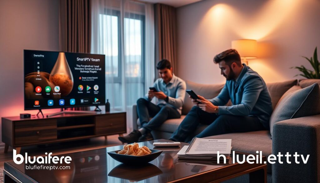 A cozy living room scene highlighting a modern entertainment setup featuring a sleek smart TV displaying the "Smart IPTV Xtream Player" interface. In the foreground, a stylish coffee table hosts a remote control, snacks, and a notepad with tips for optimizing viewing experiences. The middle ground includes a comfortable sofa with two individuals dressed in professional casual attire, intently analyzing a smartphone while discussing the features of the IPTV player. The background features ambient lighting with soft, warm tones illuminating the room, creating a relaxed yet engaging atmosphere. A window reveals a serene evening outside, hinting at a perfect night in for streaming. Brand logo "bluefireiptv.com" is subtly integrated into the design, enhancing the tech-savvy feel of the setup.