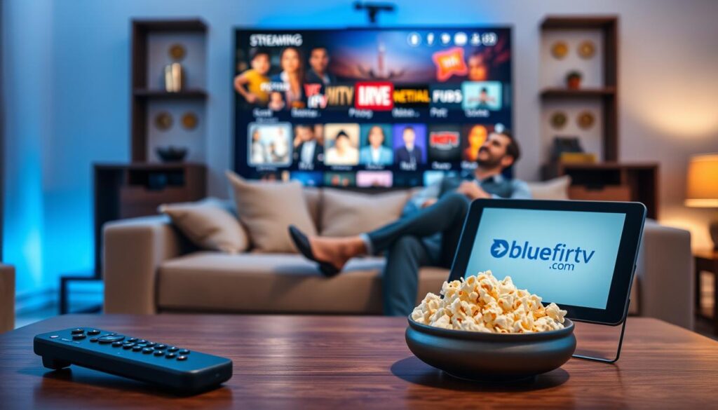 A cozy living room scene showcasing a high-definition television displaying vibrant streaming options for IPTV. In the foreground, a stylish coffee table holds a remote control, a tablet showing the bluefireiptv.com logo, and a bowl of popcorn, inviting a comfortable viewing experience. In the middle ground, a plush sofa is adorned with neutral-toned cushions, and a person dressed in professional casual attire is sitting relaxed, focused on the screen. The background features soft ambient lighting, with subtle blue hues reflecting the IPTV theme. The atmosphere is warm and inviting, evoking a sense of quality and accessibility in television entertainment. The composition captures the essence of essential features for an enjoyable IPTV viewing experience.