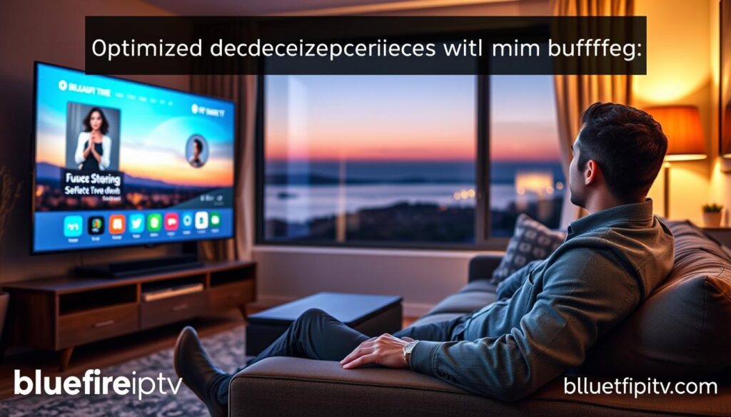 A cozy living room scene showcasing a large, high-definition television displaying a vibrant streaming interface with clear graphics and no buffering indicators. In the foreground, a focused individual in business casual attire sits comfortably on a stylish couch, engrossed in the content. The middle section features a modern entertainment setup with a sleek media console and ambient smart lighting that creates a warm atmosphere. In the background, a window reveals a tranquil evening landscape, with softly fading daylight enhancing the cozy feel. The lens captures the scene from a slight angle, emphasizing the seamless streaming experience. The overall mood conveys enjoyment and reliability, with an underlying hint of technology, showcasing the tagline "Optimized Streaming Experience with Minimal Buffering" and incorporating the brand "bluefireiptv.com" subtly within the design elements.