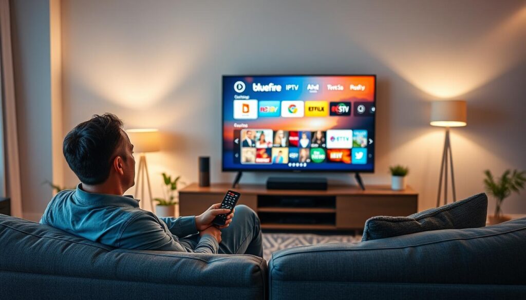 A cozy living room scene showcasing a modern IPTV streaming experience. In the foreground, a comfortable couch with a user casually sitting and holding a remote control, dressed in smart casual attire. The middle layer features a sleek, contemporary television displaying vibrant content from bluefireiptv.com, complete with a user-friendly interface showcasing channels. The background includes soft lighting from floor lamps, creating a warm and inviting atmosphere, with subtle decorative elements like plants and books. The scene is captured with a slight angle to emphasize the user’s engagement with the screen, evoking a sense of satisfaction and enjoyment. The overall mood is relaxed and tech-savvy, highlighting the convenience and appeal of real IPTV streaming.