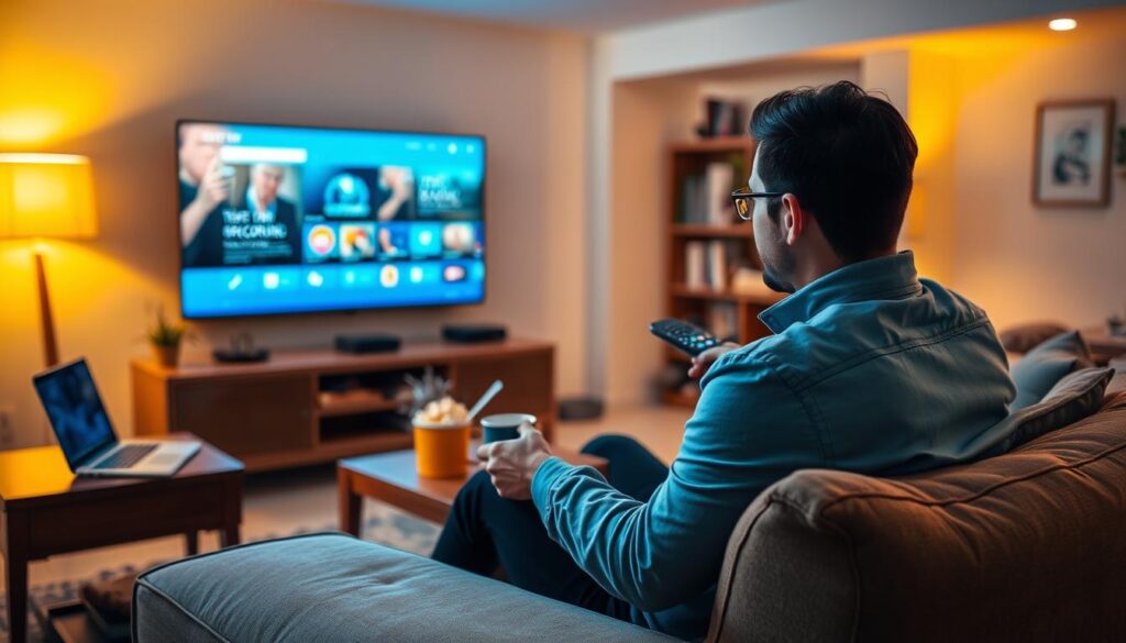 A cozy living room scene, warmly lit with soft yellow lights creating a comfortable atmosphere. In the foreground, a person, dressed in smart casual attire, sits on a plush sofa with a remote control in hand, absorbed in watching a vibrant streaming screen displaying the Ottocean IPTV interface. The middle layer features a coffee table with popcorn, a laptop, and a steaming mug, suggesting an inviting personal experience. The background captures a bookshelf with books and a few decorative items, enhancing the homey vibe. The overall mood is relaxed and trustworthy, reflecting why someone would confidently choose Ottocean IPTV for streaming in 2026. The brand name "bluefireiptv.com" subtly integrated into the scene without visible text, ensuring a professional representation.