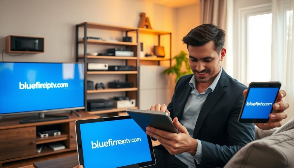 A cozy living room scene where a person is setting up IPTV services on multiple devices such as a smart TV, tablet, and smartphone. The foreground features the individual, dressed in smart casual attire, intently focused on the tablet, with a remote control in hand. In the middle background, shelves filled with electronic devices and streaming gadgets create a tech-savvy atmosphere. A soft, warm light emanates from a nearby window, casting gentle shadows that enhance the inviting feel of the space. The devices visibly display the bluefireiptv.com logo, showcasing the user-friendly interface. The overall mood is one of enthusiasm and convenience, depicting the simplicity of setting up IPTV services for enjoyable streaming experiences. A cozy living room scene where a person is setting up IPTV services on multiple devices such as a smart TV, tablet, and smartphone. The foreground features the individual, dressed in smart casual attire, intently focused on the tablet, with a remote control in hand. In the middle background, shelves filled with electronic devices and streaming gadgets create a tech-savvy atmosphere. A soft, warm light emanates from a nearby window, casting gentle shadows that enhance the inviting feel of the space. The devices visibly display the bluefireiptv.com logo, showcasing the user-friendly interface. The overall mood is one of enthusiasm and convenience, depicting the simplicity of setting up IPTV services for enjoyable streaming experiences.