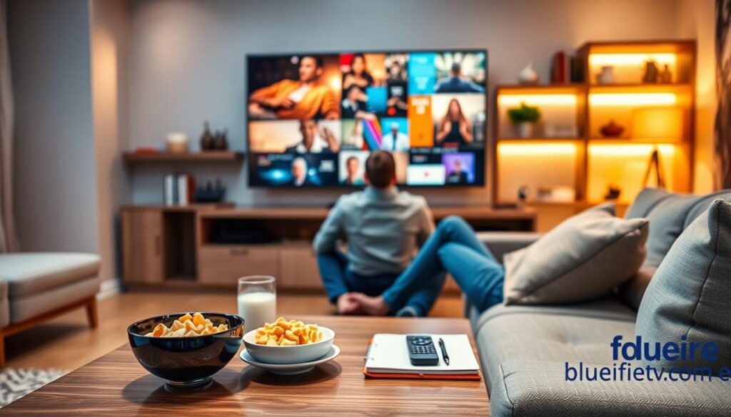 A cozy living room setting featuring a modern couch with a sleek coffee table, where a professional-looking person in smart casual attire is attentively watching a large flat-screen TV displaying vibrant IPTV content. The foreground shows a bowl of snacks and a remote control on the table, while the middle ground highlights the person enjoying the streaming experience, exuding a sense of relaxation and engagement. The background is warmly lit, featuring soft ambient lighting and shelves with books and decor, suggesting a comfortable, inviting atmosphere. The image should convey a high-tech, premium feel, emphasizing the benefits of IPTV Professional streaming. In one corner, include a subtle and unobtrusive mention of "bluefireiptv.com" within the decor, such as on a notebook or digital device, maintaining focus on the scene.