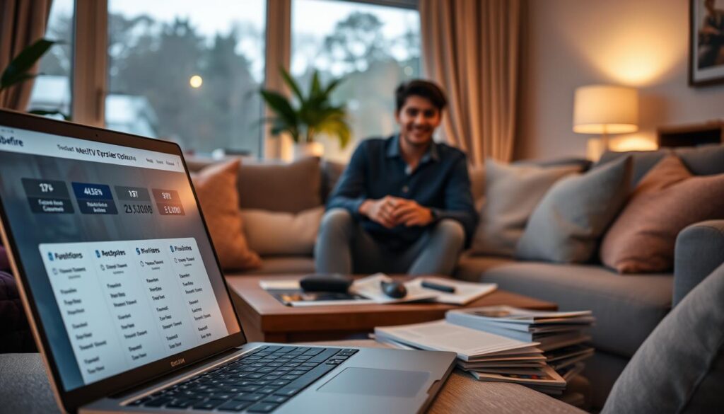 A cozy living room setting featuring a young professional couple analyzing various IPTV provider options on a laptop. The foreground showcases a sleek laptop with a website open, displaying comparisons of subscription plans and channels, specifically highlighting “bluefireiptv.com.” The couple is engaged in discussion, wearing smart casual clothing, surrounded by comfortable furniture with soft cushions. In the middle ground, there's a coffee table cluttered with brochures and notes. The background includes a large window allowing natural light to illuminate the room, creating a warm and inviting atmosphere. Enhance the scene's ambiance with a soft glow indicating early evening, inviting a sense of focus and decision-making in a relaxed home environment.