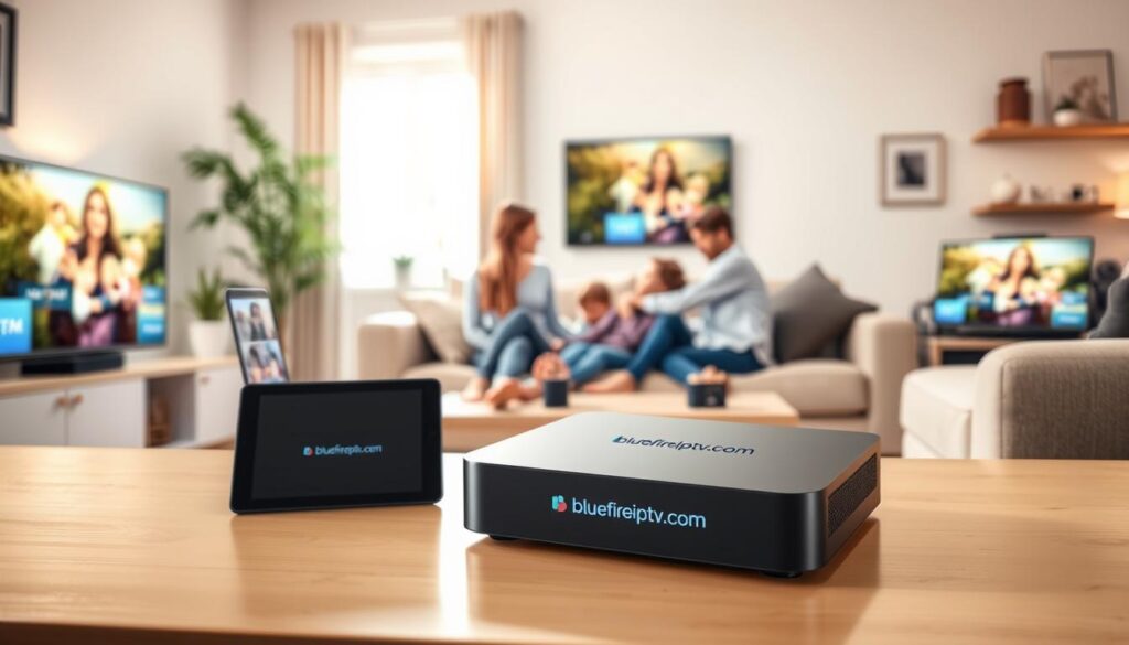 A cozy living room setting showcasing a modern IPTV device compatible with various screens. In the foreground, place a sleek IPTV box with the brand name "bluefireiptv.com" prominently displayed. Surround the device with a smart TV, a tablet, and a laptop, illustrating device compatibility. In the middle ground, a comfortable couch with a family enjoying their streaming experience: a mother and her child watching a family-friendly show, dressed in casual home clothing. The background features a well-lit room with warm lighting, a window allowing soft sunlight to filter through, and decorative elements like plants and artwork, creating an inviting atmosphere. Highlight the advanced technology of the IPTV device, emphasizing the seamless connection across multiple devices. The mood is relaxed and friendly, perfect for quality family time. A cozy living room setting showcasing a modern IPTV device compatible with various screens. In the foreground, place a sleek IPTV box with the brand name "bluefireiptv.com" prominently displayed. Surround the device with a smart TV, a tablet, and a laptop, illustrating device compatibility. In the middle ground, a comfortable couch with a family enjoying their streaming experience: a mother and her child watching a family-friendly show, dressed in casual home clothing. The background features a well-lit room with warm lighting, a window allowing soft sunlight to filter through, and decorative elements like plants and artwork, creating an inviting atmosphere. Highlight the advanced technology of the IPTV device, emphasizing the seamless connection across multiple devices. The mood is relaxed and friendly, perfect for quality family time.