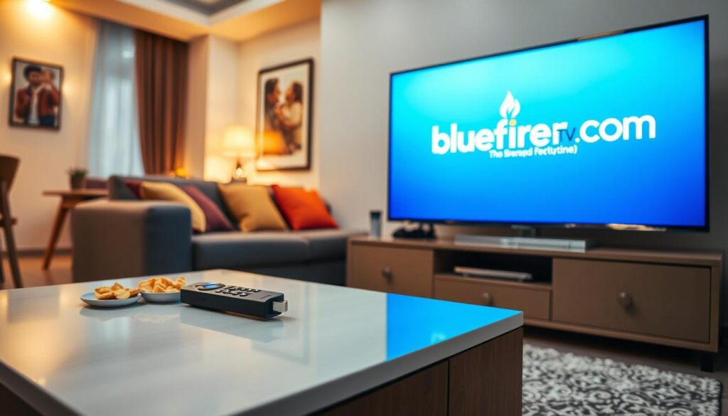 A cozy living room setting with a modern aesthetic, featuring a sleek TV displaying the bluefireiptv.com logo prominently on the screen. In the foreground, a stylish coffee table is adorned with a remote control, snacks, and a Firestick device, symbolizing a user-friendly streaming experience. In the middle, a comfortable sofa with colorful cushions invites viewers to relax and enjoy quality content. The background showcases a softly lit ambiance, with warm lighting illuminating the room, creating a welcoming atmosphere perfect for family viewing. The angle is slightly above eye level, giving a comprehensive view of the inviting space. The overall mood is relaxed and cheerful, emphasizing accessibility and enjoyment in entertainment options.
