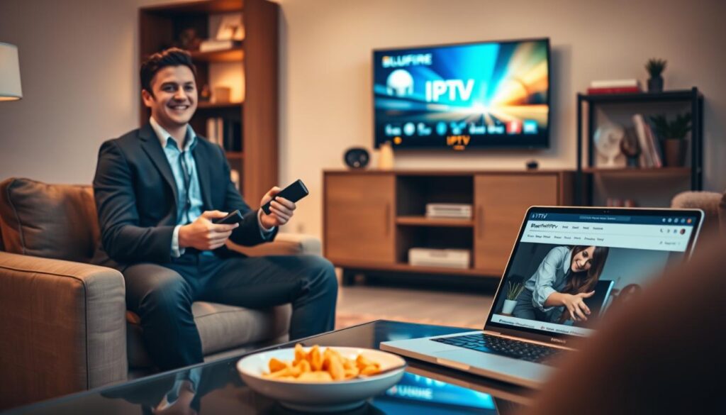 A cozy living room setting with a modern flat-screen TV displaying IPTV content. In the foreground, a professional-looking person in business attire, perhaps a young adult, is seated on a comfortable sofa, holding a remote control, looking engaged and focused. In the middle ground, a stylish coffee table with a laptop open to the bluefireiptv.com website, and a bowl of snacks. The background features a well-decorated shelf with books and decorative items, softly illuminated by warm, ambient lighting that creates a welcoming atmosphere. The overall mood is enthusiastic and inviting, capturing the excitement of exploring IPTV services in the US. Use a shallow depth of field to emphasize the subject in the foreground.