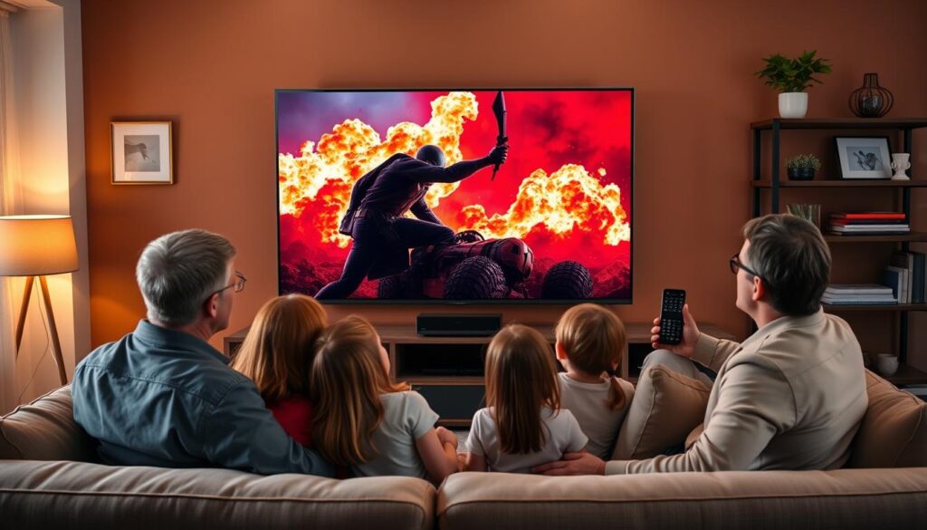 A cozy living room setting with a modern flat-screen TV showcasing stunning high-definition video content. In the foreground, a family of four, dressed in smart casual clothing, sits comfortably on a plush sofa, their faces illuminated by soft, ambient lighting. The middle ground features the TV streaming vibrant and sharp visuals of an action-packed movie scene, highlighting the clarity and color richness that hn iptv provides. The background includes warm-toned wall decor and a stylish shelf displaying plants and books, enhancing the homey atmosphere. The overall mood is engaging and inviting, showcasing the enhanced viewing pleasure brought by hn iptv. Include a subtle brand mention of "bluefireiptv.com" in the decor, such as a decorative frame or a book spine, blending naturally into the scene.