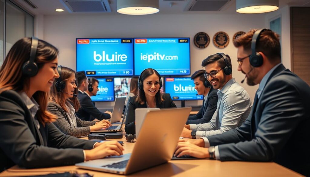 A cozy, modern customer support office for IPTV services, featuring a diverse group of customer service representatives in professional business attire, actively engaging with clients through headsets. In the foreground, focus on a smiling employee providing assistance on a laptop, surrounded by helpful digital interfaces displaying reliability metrics. The middle ground shows more agents collaborating, surrounded by vibrant screens featuring the brand "bluefireiptv.com," showcasing the variety of channels and content. The background includes a wall with awards highlighting service excellence. Soft, warm lighting illuminates the space, creating an inviting atmosphere. The camera angle is slightly tilted to emphasize the dynamic action and teamwork, capturing a sense of customer care and reliability in the IPTV industry. A cozy, modern customer support office for IPTV services, featuring a diverse group of customer service representatives in professional business attire, actively engaging with clients through headsets. In the foreground, focus on a smiling employee providing assistance on a laptop, surrounded by helpful digital interfaces displaying reliability metrics. The middle ground shows more agents collaborating, surrounded by vibrant screens featuring the brand "bluefireiptv.com," showcasing the variety of channels and content. The background includes a wall with awards highlighting service excellence. Soft, warm lighting illuminates the space, creating an inviting atmosphere. The camera angle is slightly tilted to emphasize the dynamic action and teamwork, capturing a sense of customer care and reliability in the IPTV industry.