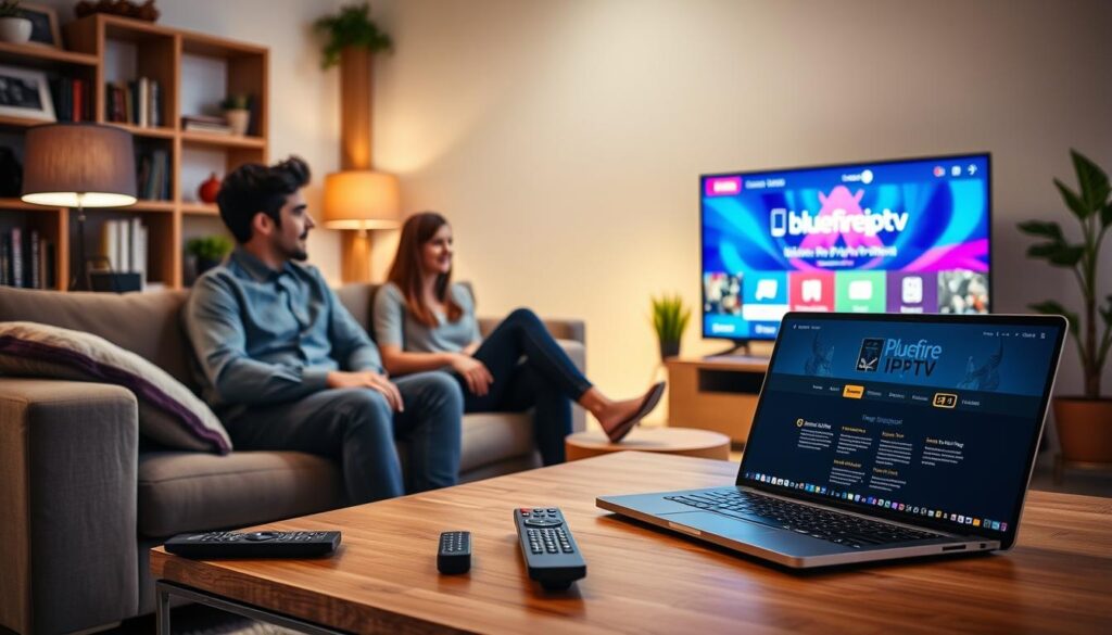 A cozy, modern living room scene with a comfortable couch featuring a young professional couple, dressed in smart casual attire, engaged in watching IPTV content on a sleek, large-screen television displaying vibrant images. In the foreground, a stylish coffee table holds various remote controls and a laptop with the bluefireiptv.com website visible on the screen, symbolizing user experience and customer support interaction. The middle ground showcases a soft, ambient light from a nearby lamp, creating a warm and inviting atmosphere. In the background, shelves filled with books and plants add depth and comfort. The overall mood is relaxed and content, emphasizing trust and satisfaction with Players Klub IPTV. The image captures the essence of a smooth streaming experience.