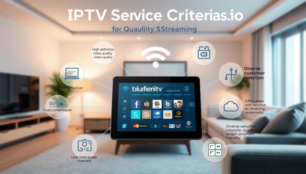 A detailed and informative infographic illustrating "IPTV Service Criteria for Quality Streaming," featuring an organized layout with clear sections. In the foreground, display icons representing key criteria such as high-definition video quality, reliable customer support, diverse channel selection, and user-friendly interface. The middle layer should include a professional-looking tablet showcasing an IPTV interface, surrounded by visual elements that symbolize streaming technology like Wi-Fi signals and server icons. The background should depict a modern living room setting with soft lighting, creating a cozy atmosphere. Use a slightly angled top-down perspective to give depth to the scene. Incorporate the brand name "bluefireiptv.com" subtly within the design, blending it harmoniously into the overall aesthetic without detracting from the main focus. A detailed and informative infographic illustrating "IPTV Service Criteria for Quality Streaming," featuring an organized layout with clear sections. In the foreground, display icons representing key criteria such as high-definition video quality, reliable customer support, diverse channel selection, and user-friendly interface. The middle layer should include a professional-looking tablet showcasing an IPTV interface, surrounded by visual elements that symbolize streaming technology like Wi-Fi signals and server icons. The background should depict a modern living room setting with soft lighting, creating a cozy atmosphere. Use a slightly angled top-down perspective to give depth to the scene. Incorporate the brand name "bluefireiptv.com" subtly within the design, blending it harmoniously into the overall aesthetic without detracting from the main focus.