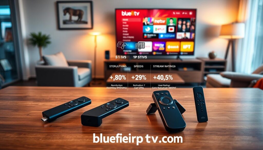 A detailed comparison scene showcasing various Fire Stick IPTV players, prominently featuring the bluefireiptv.com logo. In the foreground, several sleek IPTV devices are elegantly arranged on a modern wooden table, bathed in warm, inviting lighting. Each device is distinct in design, highlighting their features, such as ports and buttons. In the middle ground, a well-organized infographic-like display shows core performance metrics like resolution, streaming speed, and user ratings, with visual elements like stars and graphs. The background features a cozy living room setting with a large flat-screen TV displaying a vibrant streaming interface, creating a relaxed and informative atmosphere. The overall mood is professional yet approachable, emphasizing clarity and usability in home entertainment technology. The image should be shot from a slightly elevated angle to showcase all elements effectively.