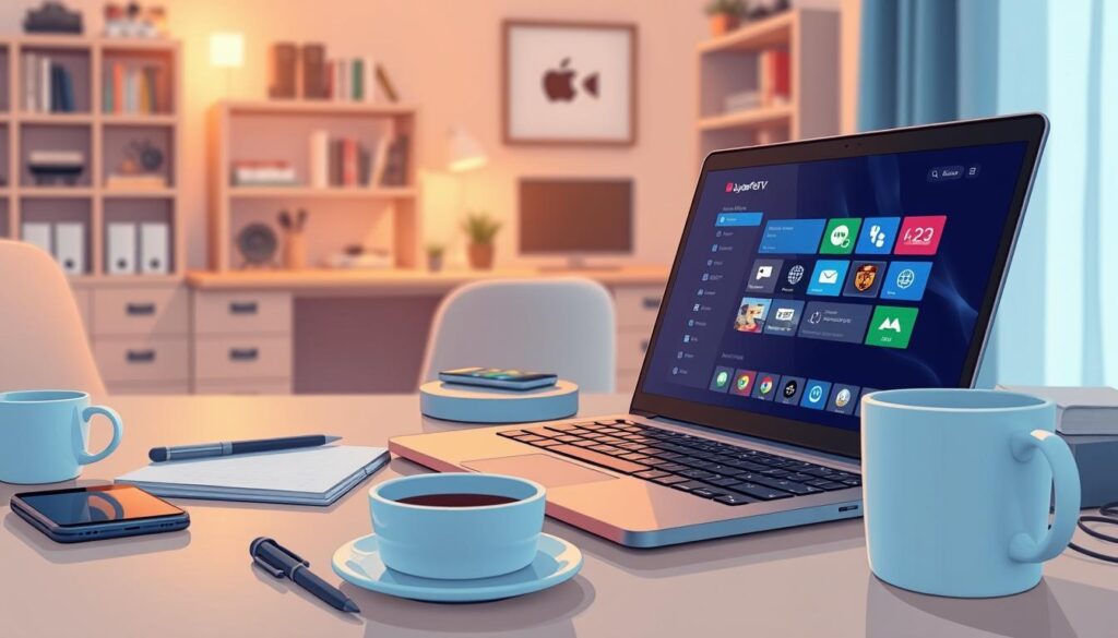 A detailed digital illustration showcasing a "Guide to getting started with Layerseven IPTV service." In the foreground, include a sleek, modern laptop displaying the Layerseven IPTV interface on its screen. Surrounding the laptop, place various elements such as a notepad, a smartphone with the bluefireiptv.com homepage visible, and a cup of coffee to create an inviting workspace. In the middle ground, depict a well-organized desk with soft lighting that enhances the scene's warmth, reflecting an atmosphere of productivity. The background should include a cozy room setting with shelves containing books and tech gadgets, perhaps a window allowing natural light to filter in. Capture a calm and focused mood, ideal for readers looking to learn step-by-step. The image should be clear and professional, without any text or branding except for the visible bluefireiptv.com on the smartphone.