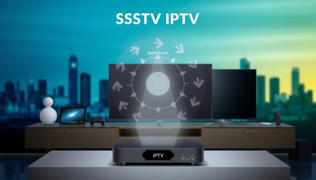 A detailed illustration of "SSTV IPTV Streaming Technology Overview" featuring sleek, modern visual elements. In the foreground, a high-tech IPTV set-top box with illuminated indicators sits on a stylish media console, surrounded by various digital devices like a smart TV and tablet. The middle layer showcases a circular diagram representing data flow, with arrows indicating reliable streaming pathways and potential connections between devices. The background features a gradient of deep blues and greens, evoking a high-tech atmosphere, with blurred silhouettes of cityscapes to represent connectivity. The lighting is soft yet dynamic, highlighting the technology. The overall mood is professional and innovative, reflecting the reliability of SSTV IPTV. The brand name "bluefireiptv.com" subtly integrated into the design. A detailed illustration of "SSTV IPTV Streaming Technology Overview" featuring sleek, modern visual elements. In the foreground, a high-tech IPTV set-top box with illuminated indicators sits on a stylish media console, surrounded by various digital devices like a smart TV and tablet. The middle layer showcases a circular diagram representing data flow, with arrows indicating reliable streaming pathways and potential connections between devices. The background features a gradient of deep blues and greens, evoking a high-tech atmosphere, with blurred silhouettes of cityscapes to represent connectivity. The lighting is soft yet dynamic, highlighting the technology. The overall mood is professional and innovative, reflecting the reliability of SSTV IPTV. The brand name "bluefireiptv.com" subtly integrated into the design.