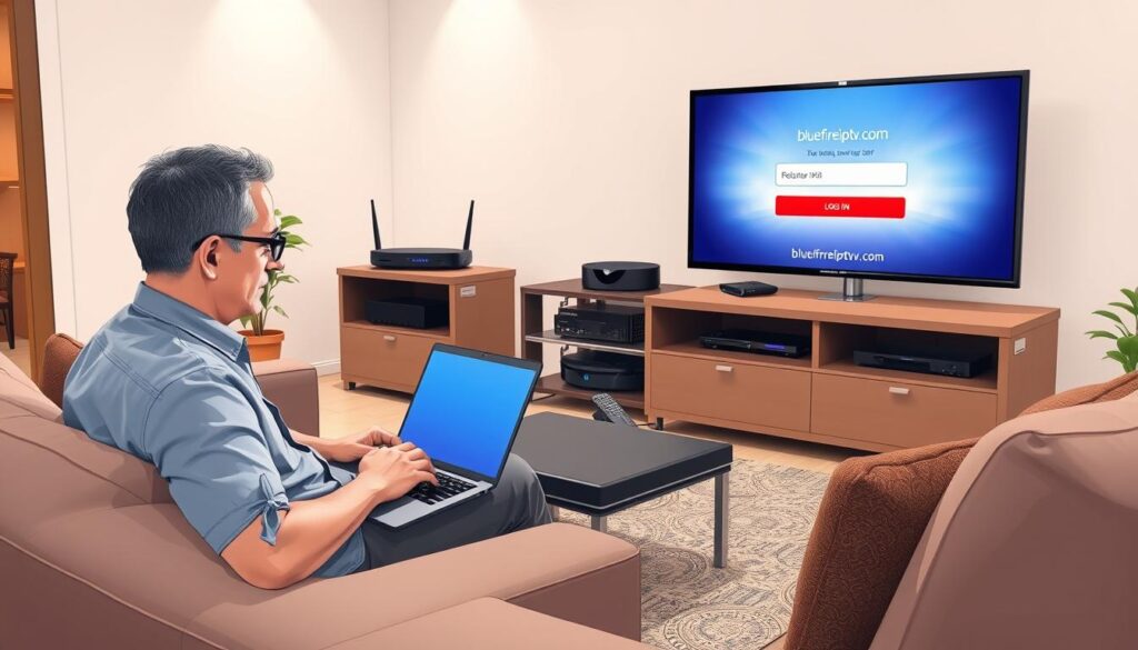 A detailed illustration of the IPTV setup process, featuring a modern living room environment. In the foreground, a middle-aged person in professional casual attire sits on a comfortable sofa, working on a sleek laptop connected to an IPTV device. Beside them, a television screen displays a vibrant IPTV login interface from "bluefireiptv.com". In the middle, an organized entertainment center showcases various devices like a router and streaming box, with visible cables neatly arranged. The background features a cozy ambiance, with soft lighting illuminating the room and a few decorative elements like plants or bookshelves. The perspective is from a slightly elevated angle to capture both the user and the devices clearly, creating a focused, informative atmosphere. The overall mood is professional yet approachable, emphasizing simplicity and ease in the IPTV setup process.
