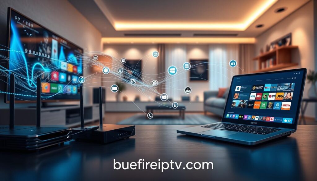 A detailed overview of Necro IPTV, illustrating the concept of internet streaming services. In the foreground, display high-tech devices like smart TVs, streaming routers, and a laptop showcasing a vibrant interface. In the middle ground, include abstract representations of data flow through digital lines, symbolizing streaming content, alongside icons for various channels. The background should feature a modern living room with soft ambient lighting, emphasizing a comfortable viewing experience. The overall atmosphere is dynamic yet informative, conveying a sense of innovation and technology. Incorporate a color palette of blues and greys to evoke a professional feel. Include the brand name "bluefireiptv.com" subtly integrated into the scene, without distracting from the main visual elements.