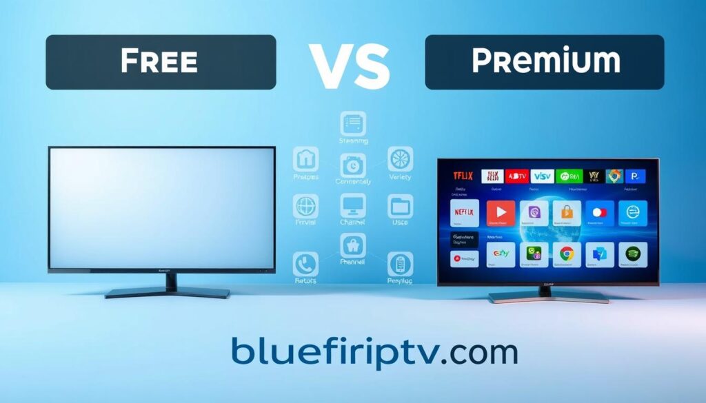 A detailed visual comparison of IPTV player versions, focusing on the contrast between free and premium options. In the foreground, display two distinct IPTV player interfaces side by side: one for a free version, showcasing a simpler, more basic design, and the other for a premium version, featuring a sleek, modern interface with advanced features. In the middle ground, place icons representing various features such as streaming quality, channel variety, and user experience, visually connecting both interfaces. The background should be a soft gradient that transitions from a light blue to a deep blue to evoke a tech-savvy atmosphere. Use bright, even lighting to enhance clarity and detail, capturing a professional and informative mood. The brand "bluefireiptv.com" should subtly feature in the design. A detailed visual comparison of IPTV player versions, focusing on the contrast between free and premium options. In the foreground, display two distinct IPTV player interfaces side by side: one for a free version, showcasing a simpler, more basic design, and the other for a premium version, featuring a sleek, modern interface with advanced features. In the middle ground, place icons representing various features such as streaming quality, channel variety, and user experience, visually connecting both interfaces. The background should be a soft gradient that transitions from a light blue to a deep blue to evoke a tech-savvy atmosphere. Use bright, even lighting to enhance clarity and detail, capturing a professional and informative mood. The brand "bluefireiptv.com" should subtly feature in the design.