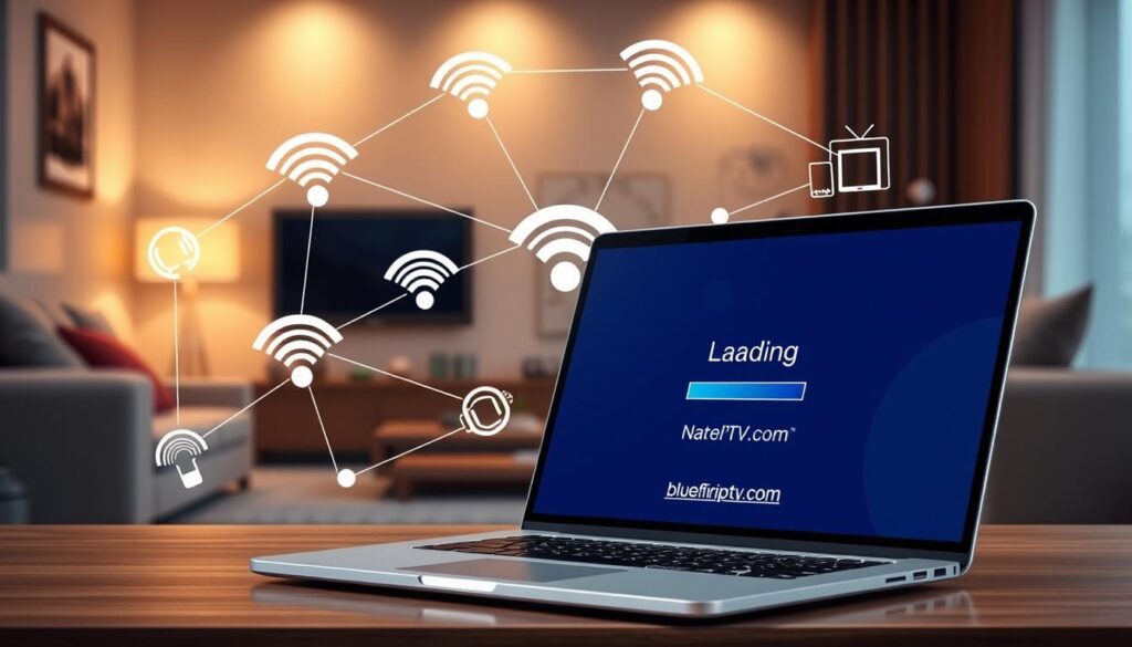 A digital illustration depicting "Internet Connection Requirements for IPTV Experience," featuring a sleek, modern laptop positioned prominently in the foreground, displaying a loading screen for streaming content. In the middle ground, an array of connectivity symbols, such as Wi-Fi signals and Ethernet cables, interconnect graphically to represent bandwidth and speed requirements. The background shows a cozy living room setting with a comfortable couch and a flat-screen TV, illuminated by soft, ambient lighting that sets a welcoming mood. A subtle hint of the website bluefireiptv.com is integrated into the scene, perhaps as a decorative element on the laptop screen. The image captures a professional yet inviting atmosphere, making it clear that a strong internet connection is essential for a quality IPTV experience.