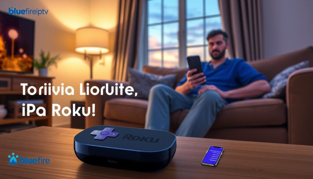 A digital illustration showcasing the limitations of IPTV on Roku, with the brand logo "bluefireiptv.com" subtly integrated into the design. In the foreground, a sleek Roku streaming device and a remote control, with a glowing screen displaying a loading icon, symbolizing buffering issues. The middle ground features a frustrated user sitting on a couch, dressed in casual attire, glancing at the device while holding a smartphone that displays a list of unavailable channels. The background depicts a cozy living room with soft, warm lighting, highlighting a window showing the evening sky. The atmosphere conveys a mix of disappointment and curiosity, with a well-organized layout that emphasizes Roku's limitations in streaming IPTV.